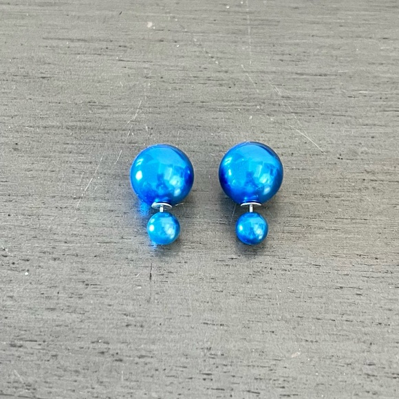 Navy Blue Bright Sky Pearlized Post Double Sided Interchangeable Back Earrings - Picture 3 of 7